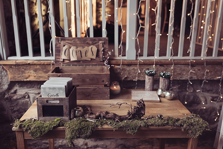 Card Gift Table Wooden Crate Moss Rustic Gold Apple Magical Wonderland Askham Hall Wedding Winter Tiree Dawson Photography