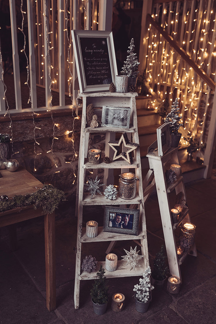 Pea Light Fairy Light Step Ladder Display Welcome Photographs Candles Magical Wonderland Askham Hall Wedding Winter Tiree Dawson Photography