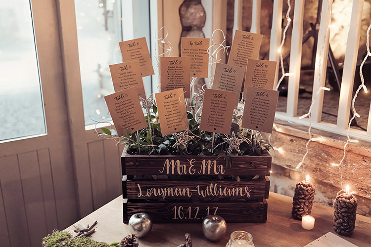 Table Plan Wooden Crate Foliage Moss Gold Apple Candle Magical Wonderland Askham Hall Wedding Winter Tiree Dawson Photography