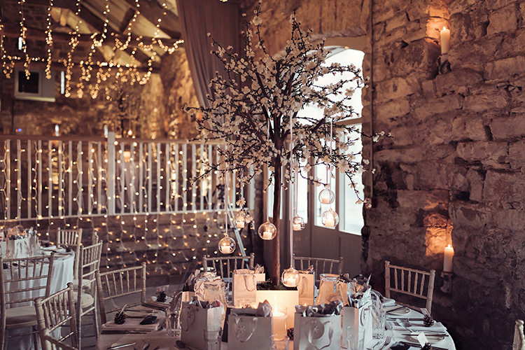 Table Centre Blossom Fake Faux Candle Baubles Magical Wonderland Askham Hall Wedding Winter Tiree Dawson Photography