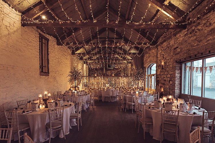 Barn Pea Fairy Light Candelit Magical Wonderland Askham Hall Wedding Winter Tiree Dawson Photography