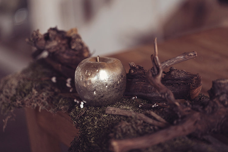 Table Moss Twigs Gold Apple Magical Wonderland Askham Hall Wedding Winter Tiree Dawson Photography