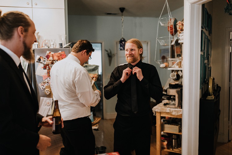 Warehouse Modern Refined Rustic Chic Groom Morning Prep Black Shirt Suit | Boho Industrial Winter Wedding Lunalee Photography
