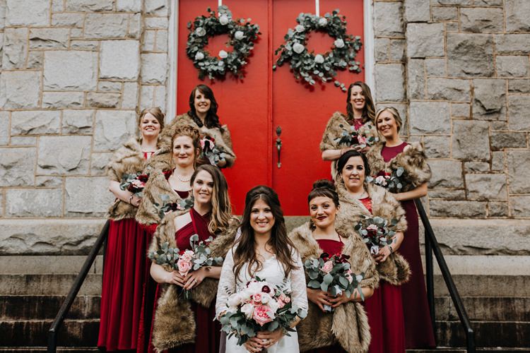Warehouse Modern Refined Rustic Chic Bride White Blush Burgundy Bouquet Bridesmaids Fur Shrugs | Boho Industrial Winter Wedding Lunalee Photography