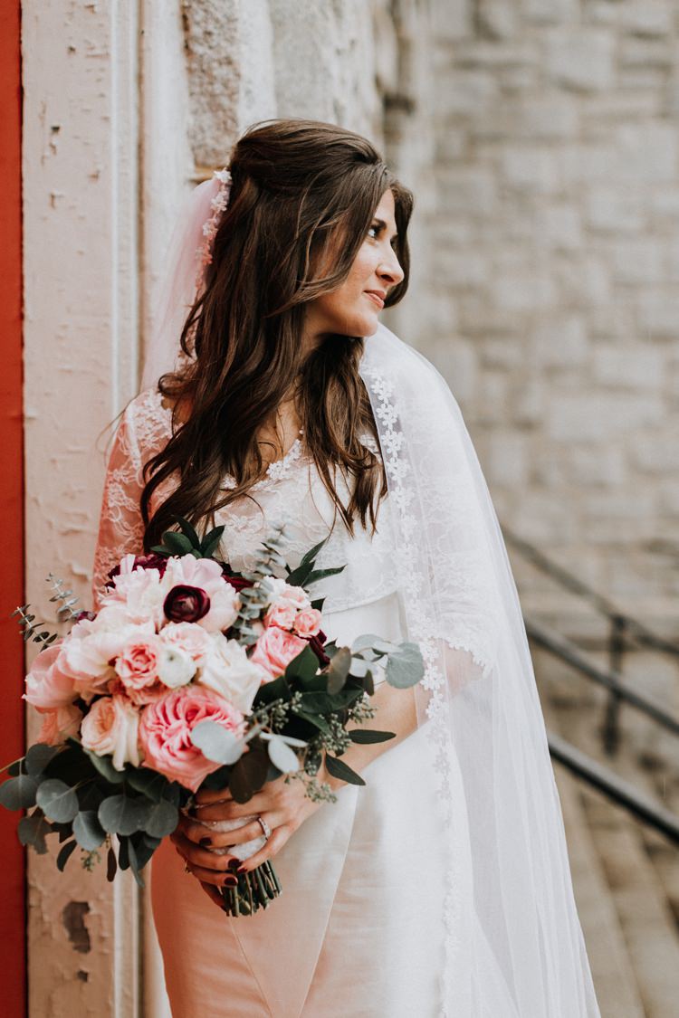 Warehouse Modern Refined Rustic Chic Bride Veil White Blush Burgundy Bouquet | Boho Industrial Winter Wedding Lunalee Photography
