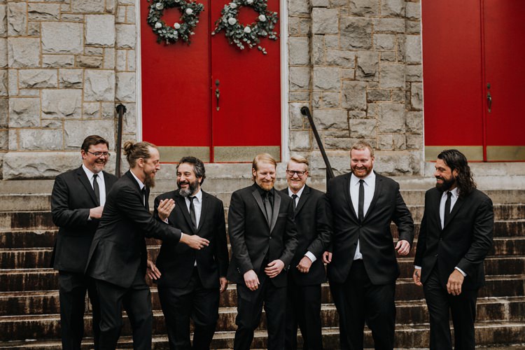 Warehouse Modern Refined Rustic Chic Groom Groomsmen Group Photo | Boho Industrial Winter Wedding Lunalee Photography