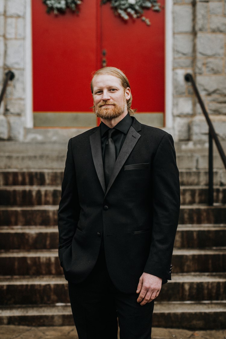 Warehouse Modern Refined Rustic Chic Groom Black Suit Shirt Tie | Boho Industrial Winter Wedding Lunalee Photography