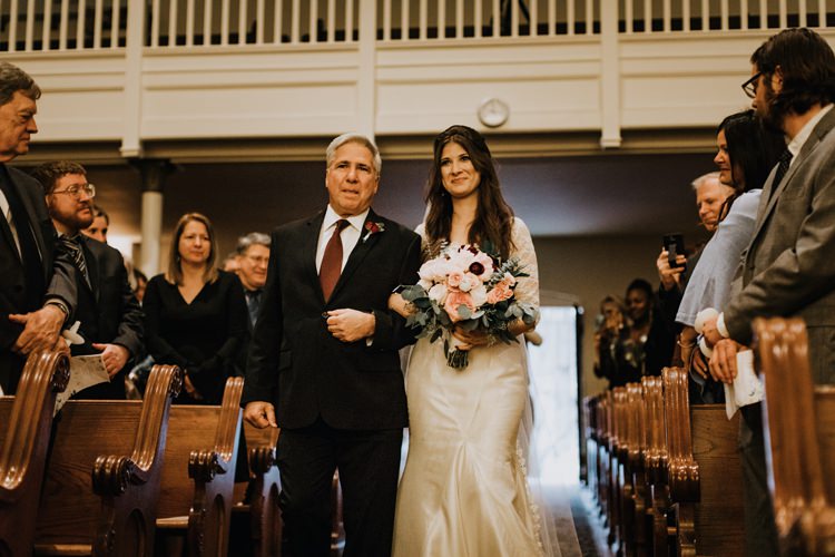 Warehouse Rustic Chic Refined Church Aisle Ceremony Bride Father | Boho Industrial Winter Wedding Lunalee Photography