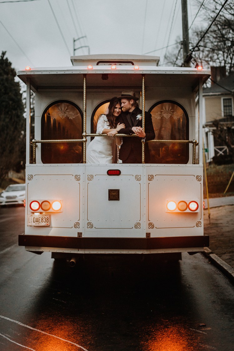 Warehouse Rustic Chic Refined Street Photography Groom Bride Atlanta White Tram | Boho Industrial Winter Wedding Lunalee Photography