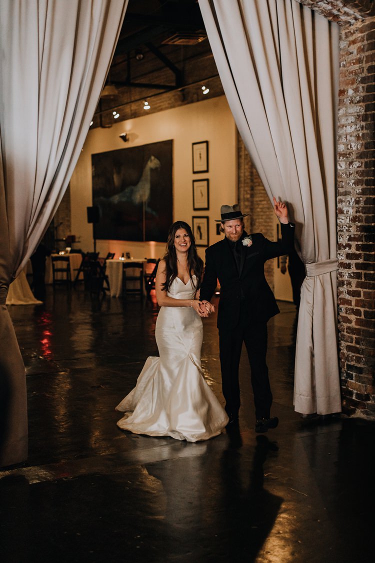 Warehouse Rustic Chic Refined Atlanta King Plow Bride Groom Entrance | Boho Industrial Winter Wedding Lunalee Photography