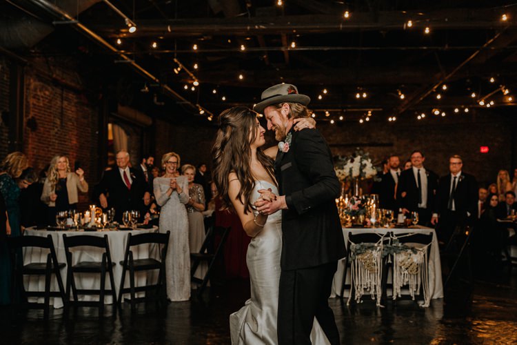 Warehouse Rustic Chic Refined Atlanta King Plow Bride Groom First Dance | Boho Industrial Winter Wedding Lunalee Photography