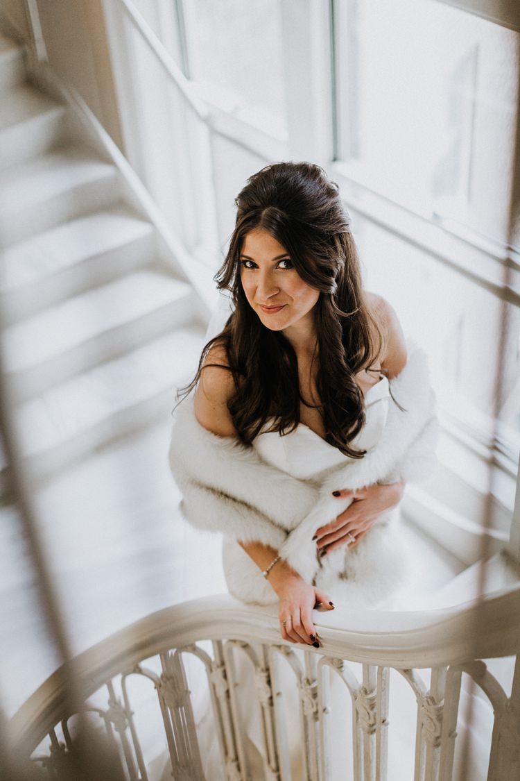 Warehouse Modern Refined Rustic Chic Bride Sweetheart Dress White Fur Shawl Stole Shrug | Boho Industrial Winter Wedding Lunalee Photography