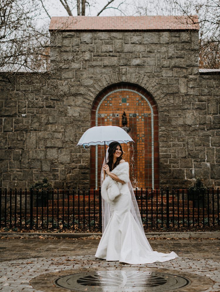 Warehouse Modern Refined Rustic Chic Bride Sweetheart Dress White Fur Shawl Stole Shrug Umbrella | Boho Industrial Winter Wedding Lunalee Photography