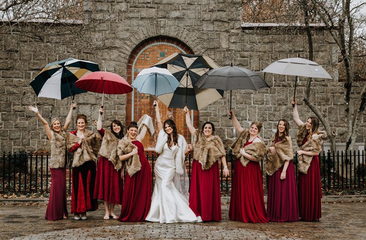 Warehouse Modern Refined Rustic Chic Bride Sweetheart Dress White Fur Shawl Stole Shrug Burgundy Bridesmaids Umbrellas | Boho Industrial Winter Wedding Lunalee Photography