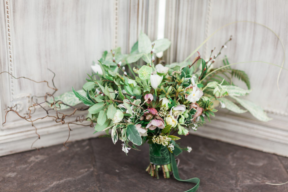 Bouquet Flowers Bride Bridal Greenery Foliage Fern Narcissi Hellebores Alstroemeria Snowdrops Botanical Macrame Glass House Wedding Ideas Jo Bradbury Photography