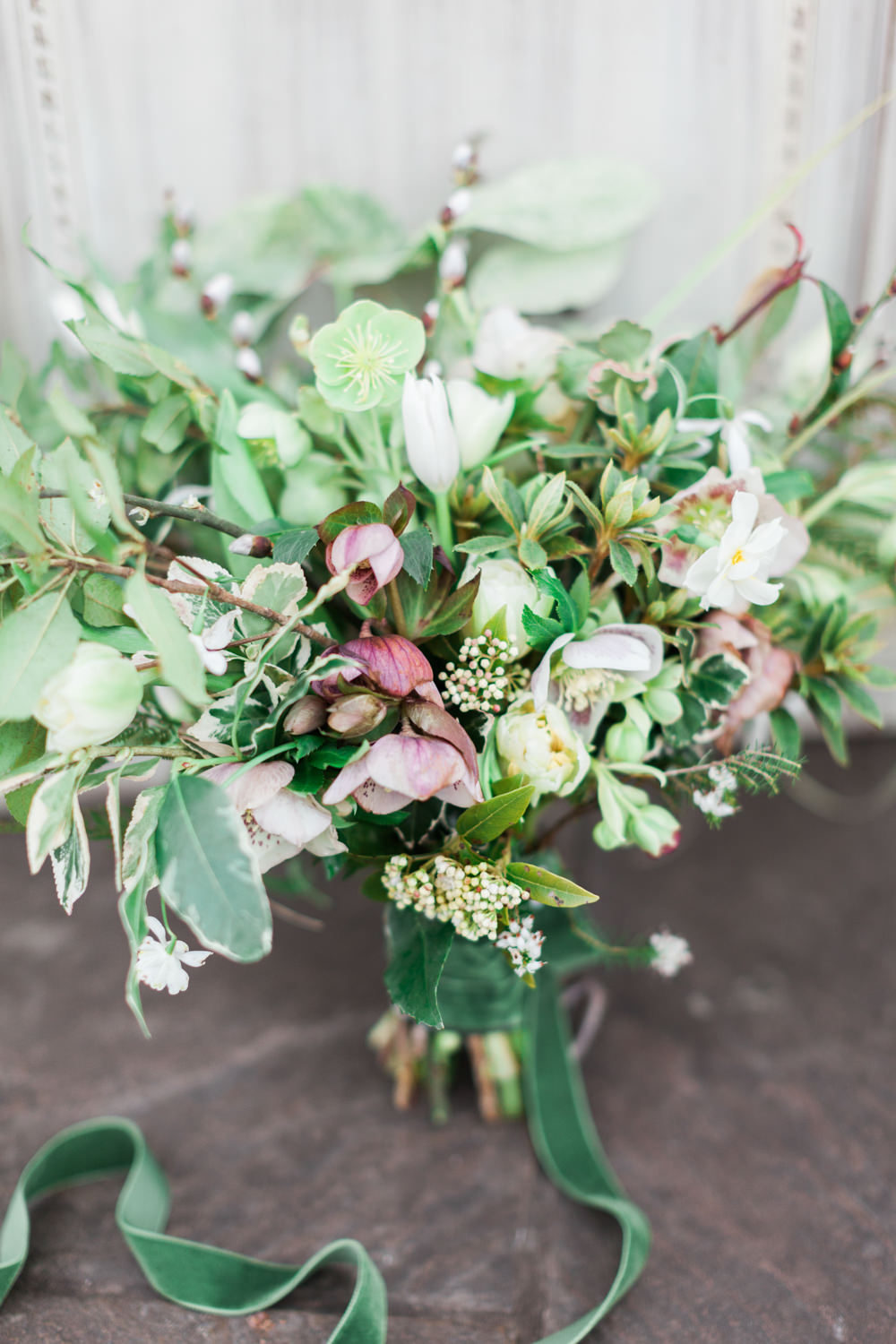 Bouquet Flowers Bride Bridal Greenery Foliage Fern Narcissi Hellebores Alstroemeria Snowdrops Botanical Macrame Glass House Wedding Ideas Jo Bradbury Photography