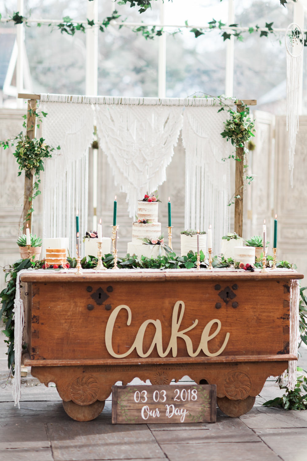 Cake Table Dessert Furniture Dresser Greenery Botanical Macrame Glass House Wedding Ideas Jo Bradbury Photography