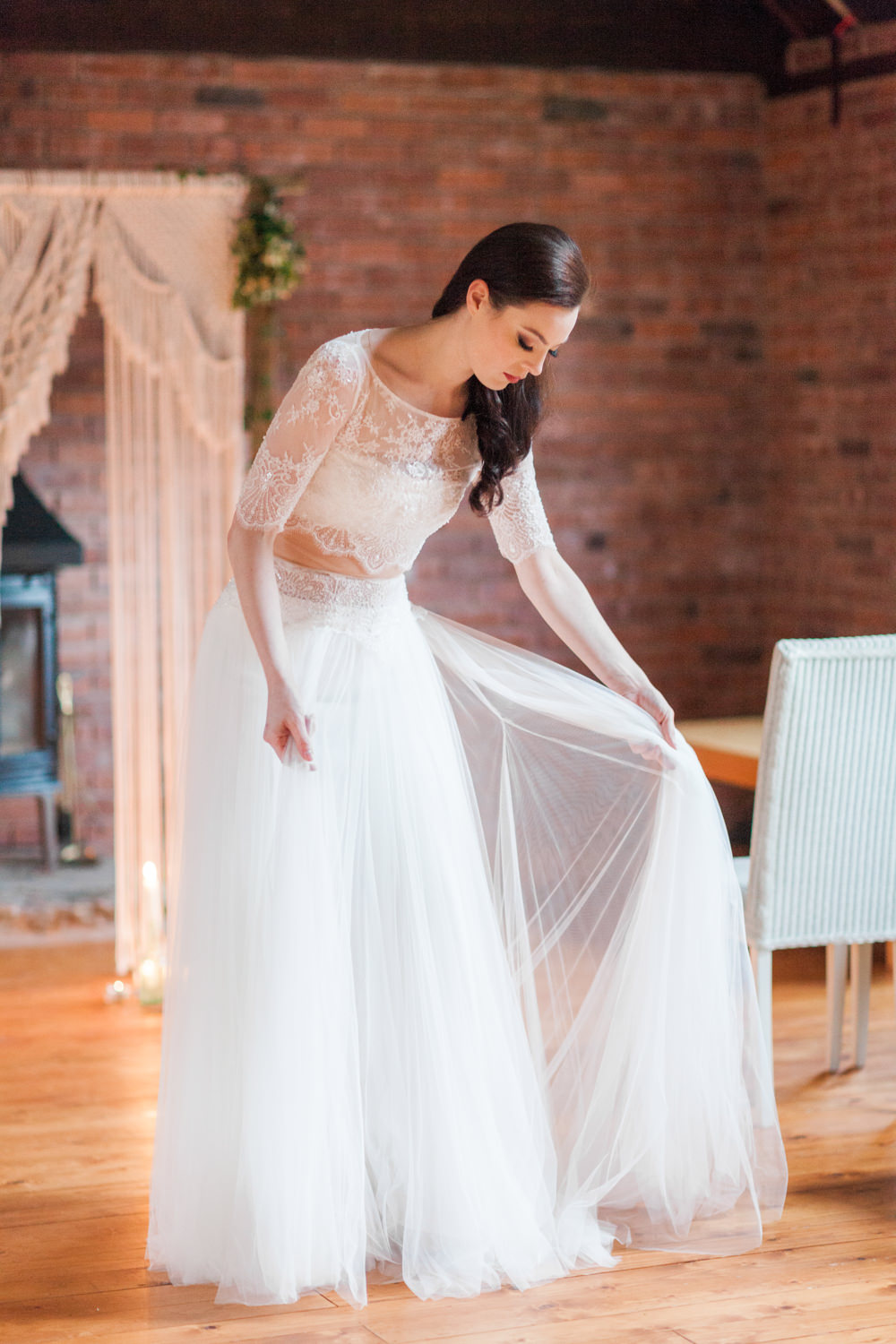 Dress Gown Bride Bridal Lace Tulle Skirt Botanical Macrame Glass House Wedding Ideas Jo Bradbury Photography