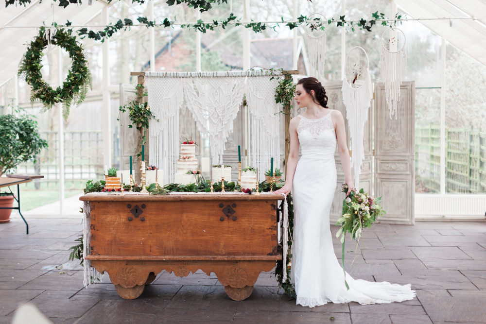 Cake Table Dessert Furniture Dresser Greenery Botanical Macrame Glass House Wedding Ideas Jo Bradbury Photography