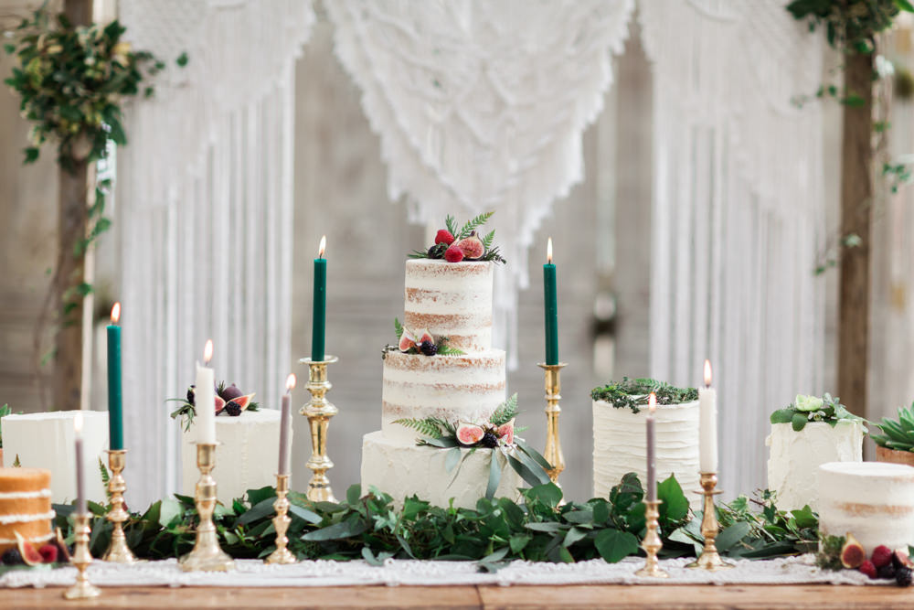Cake Table Dessert Furniture Dresser Greenery Candles Botanical Macrame Glass House Wedding Ideas Jo Bradbury Photography