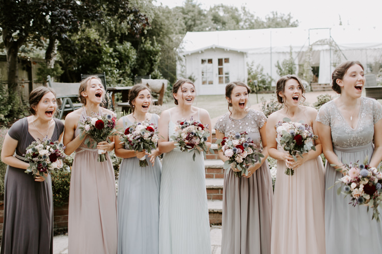 Bridesmaids Pastel Mismatched Dress Bouquets Burgundy Flowers Botanical Summer Garden Wedding Nottingham Grace Elizabeth Photo & Film