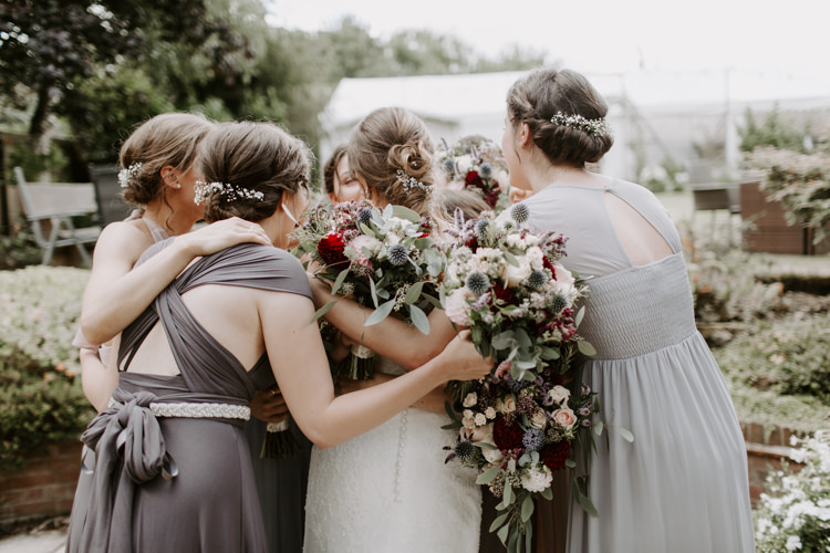 Bridesmaids Pastel Mismatched Dress Bouquets Burgundy Flowers Botanical Summer Garden Wedding Nottingham Grace Elizabeth Photo & Film