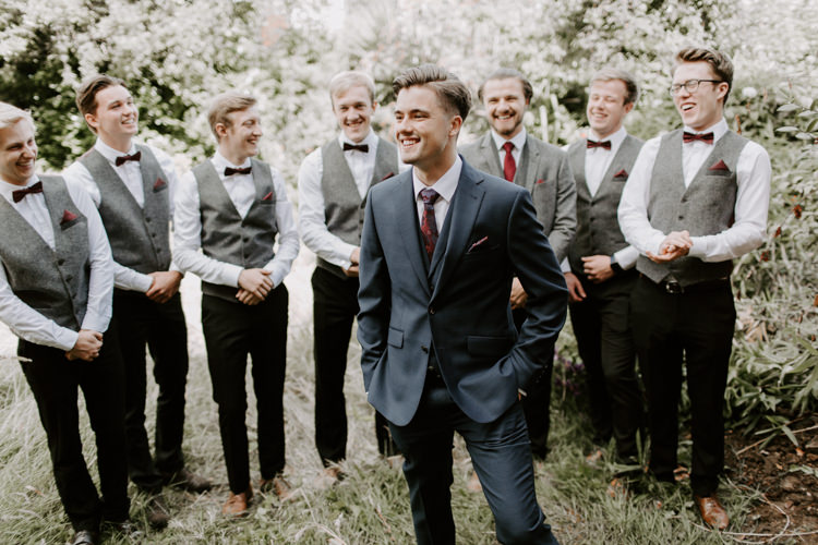 Groom Suit Navy Red Tie Style Outfit Attire Groomsmen Bow Tie Waistcoats Botanical Summer Garden Wedding Nottingham Grace Elizabeth Photo & Film