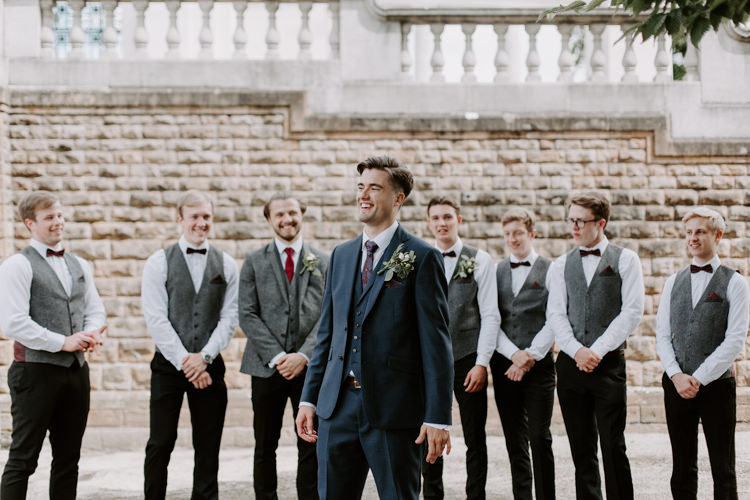 Groom Suit Navy Red Tie Style Outfit Attire Groomsmen Bow Tie Waistcoats Botanical Summer Garden Wedding Nottingham Grace Elizabeth Photo & Film