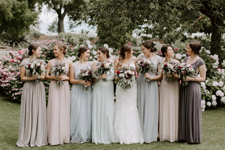 Bridesmaids Pastel Mismatched Dress Bouquets Burgundy Flowers Botanical Summer Garden Wedding Nottingham Grace Elizabeth Photo & Film