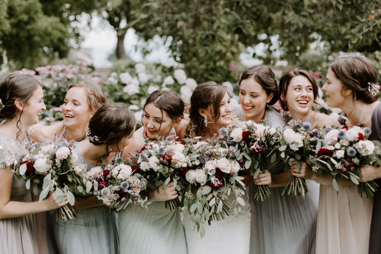 Bridesmaids Pastel Mismatched Dress Bouquets Burgundy Flowers Botanical Summer Garden Wedding Nottingham Grace Elizabeth Photo & Film