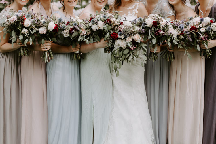 Bridesmaids Pastel Mismatched Dress Bouquets Burgundy Flowers Botanical Summer Garden Wedding Nottingham Grace Elizabeth Photo & Film