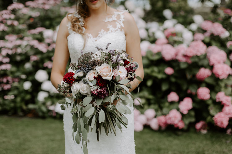 Bouquet Bride Bridal Flowers Greenery Burgundy Dahlia Eucalyptus Rose Botanical Summer Garden Wedding Nottingham Grace Elizabeth Photo & Film