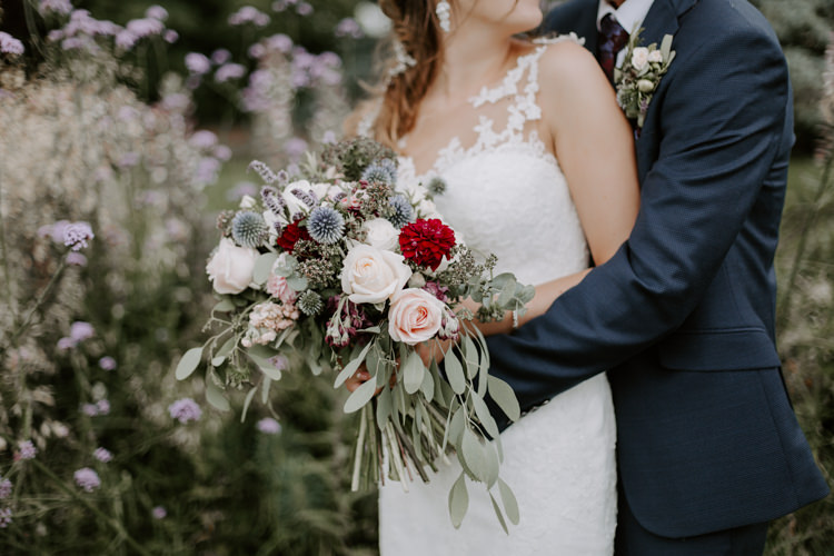 Bouquet Bride Bridal Flowers Greenery Burgundy Dahlia Eucalyptus Rose Botanical Summer Garden Wedding Nottingham Grace Elizabeth Photo & Film