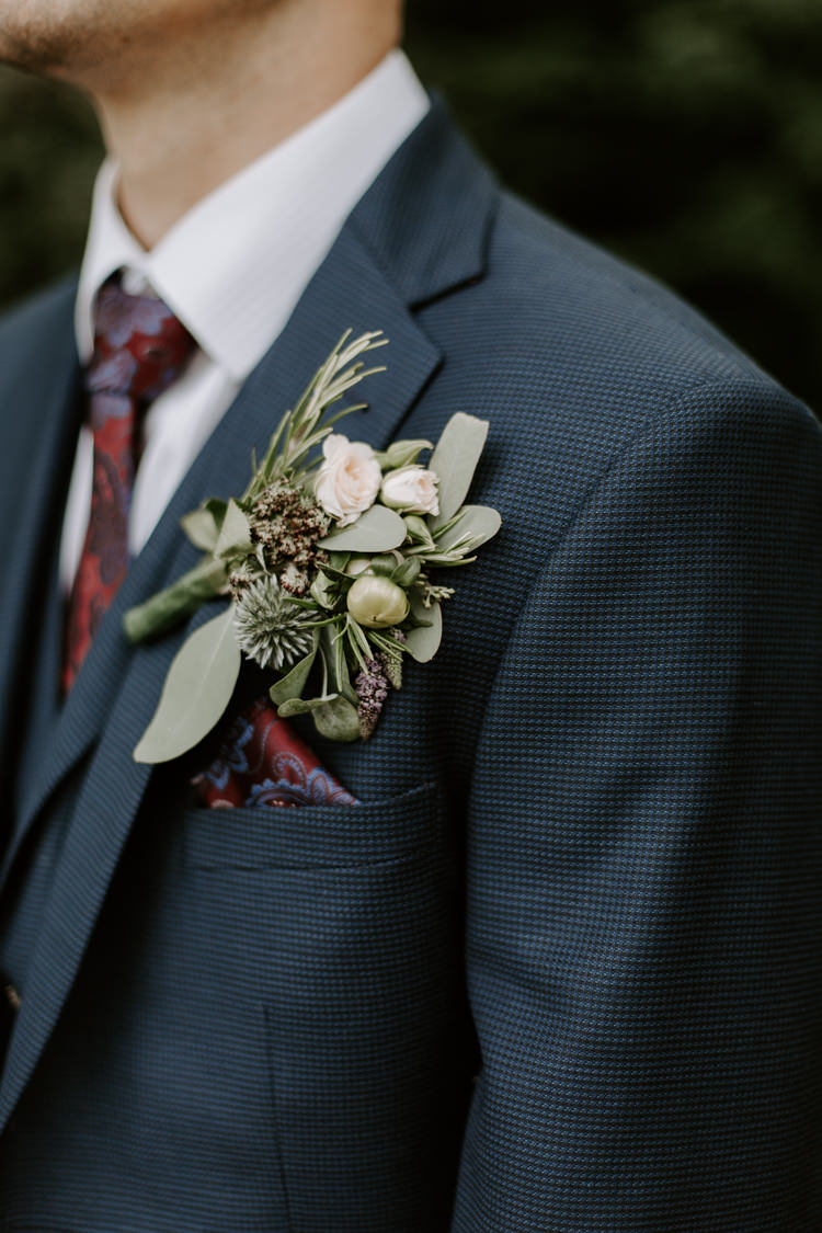 Groom Suit Navy Red Tie Style Outfit Attire Buttonhole Flowers Rosemary Botanical Summer Garden Wedding Nottingham Grace Elizabeth Photo & Film