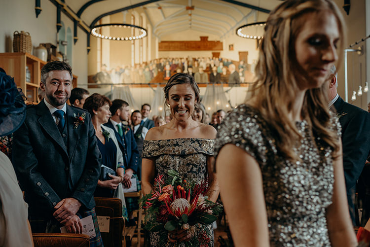 Gold Mismatched Bridesmaid Dresses Carnegie Courthouse Wedding Village Hall Scotland Steven Gallagher Photography