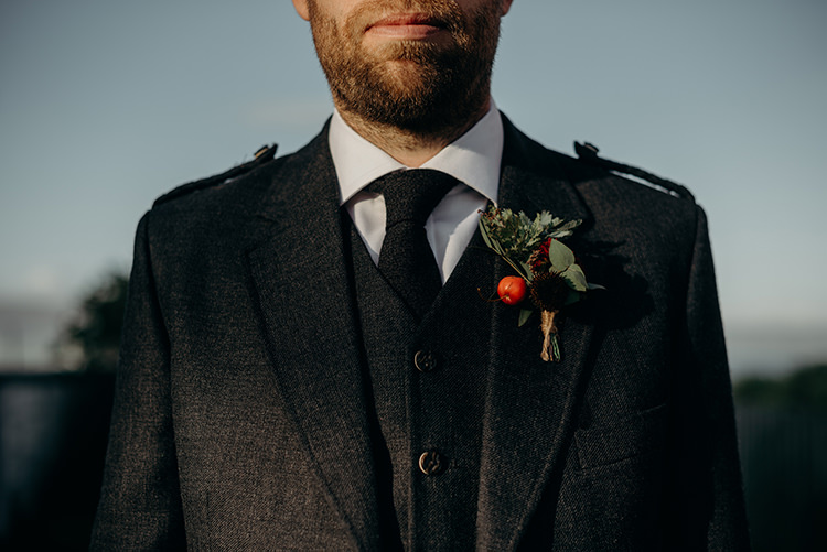 Buttonhole Groom Flowers Red Green Carnegie Courthouse Wedding Village Hall Scotland Steven Gallagher Photography