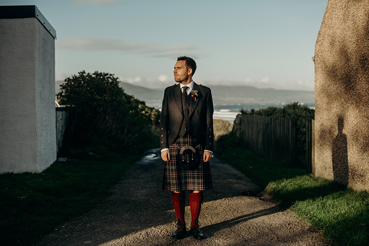 Kilt Tartan Groom Jacket Red Socks Carnegie Courthouse Wedding Village Hall Scotland Steven Gallagher Photography