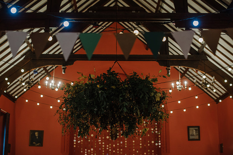 Festoon Light Lighting Decor Bunting Greenery Floral Chandelier Hoop Hanging Installation Carnegie Courthouse Wedding Village Hall Scotland Steven Gallagher Photography
