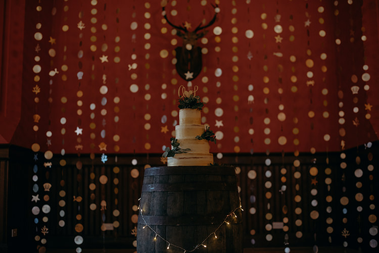 Semi Naked Buttercream Cake Gold Greenery Paper Garland Backdrop Stars Celestial Carnegie Courthouse Wedding Village Hall Scotland Steven Gallagher Photography