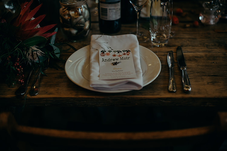 Place Setting Name Floral Stationery Pin Carnegie Courthouse Wedding Village Hall Scotland Steven Gallagher Photography
