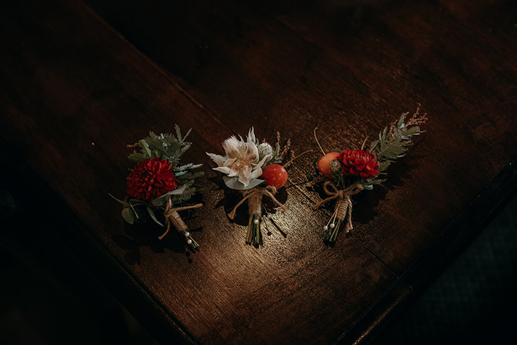 Buttonholes Flowers Redd Dahlia Twine Berry Carnegie Courthouse Wedding Village Hall Scotland Steven Gallagher Photography