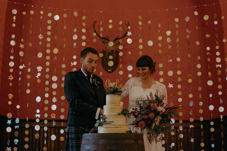 Semi Naked Buttercream Cake Gold Greenery Paper Garland Backdrop Stars Celestial Carnegie Courthouse Wedding Village Hall Scotland Steven Gallagher Photography