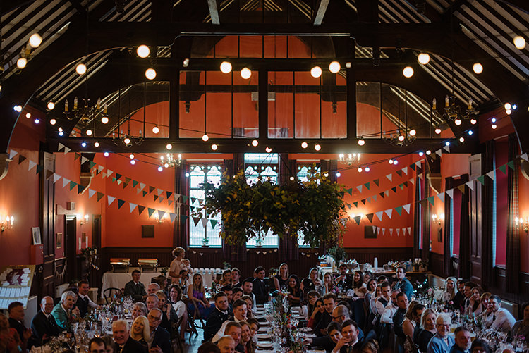 Festoon Light Lighting Decor Bunting Greenery Floral Chandelier Hoop Hanging Installation Carnegie Courthouse Wedding Village Hall Scotland Steven Gallagher Photography