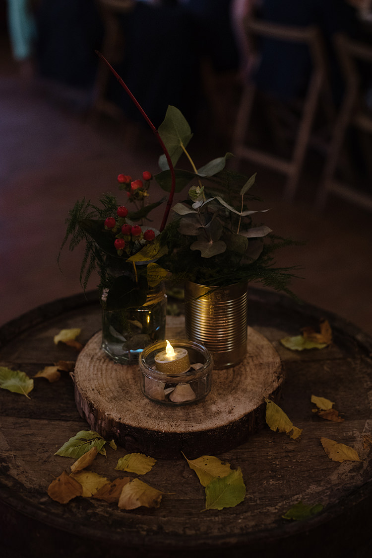 Centrepiece Flowers Log Slice Tin Candles Leaves Carnegie Courthouse Wedding Village Hall Scotland Steven Gallagher Photography