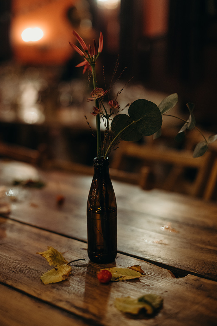 Brown Bottle Flowers Carnegie Courthouse Wedding Village Hall Scotland Steven Gallagher Photography