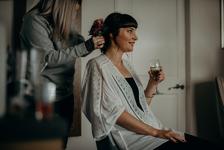 Hair Bride Bridal Fringe Flowers Up Do Carnegie Courthouse Wedding Village Hall Scotland Steven Gallagher Photography