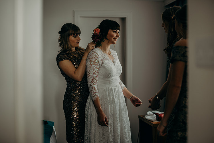 Charlotte Balbier Untamed Love Luna Dress Gown Bride BRidal Lace Sleeves Veil Britten Carnegie Courthouse Wedding Village Hall Scotland Steven Gallagher Photography