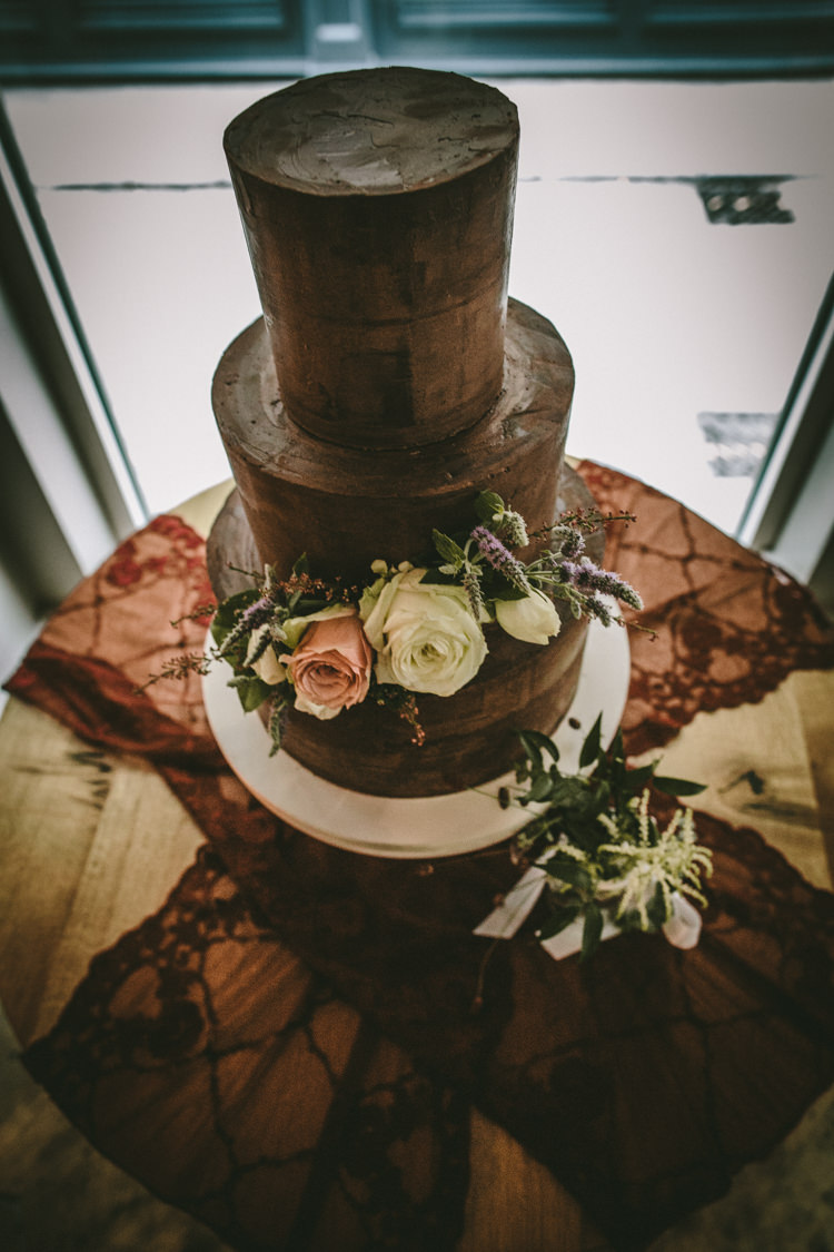 Chocolate Iced Cake Flowers Tiers Eclectic Asylum Wedding London Rusted Rose Photography
