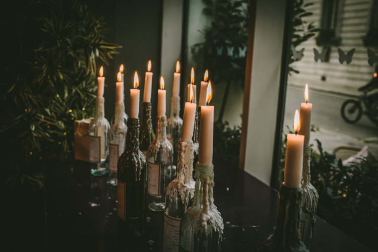 Candles Wine Bottles Eclectic Asylum Wedding London Rusted Rose Photography