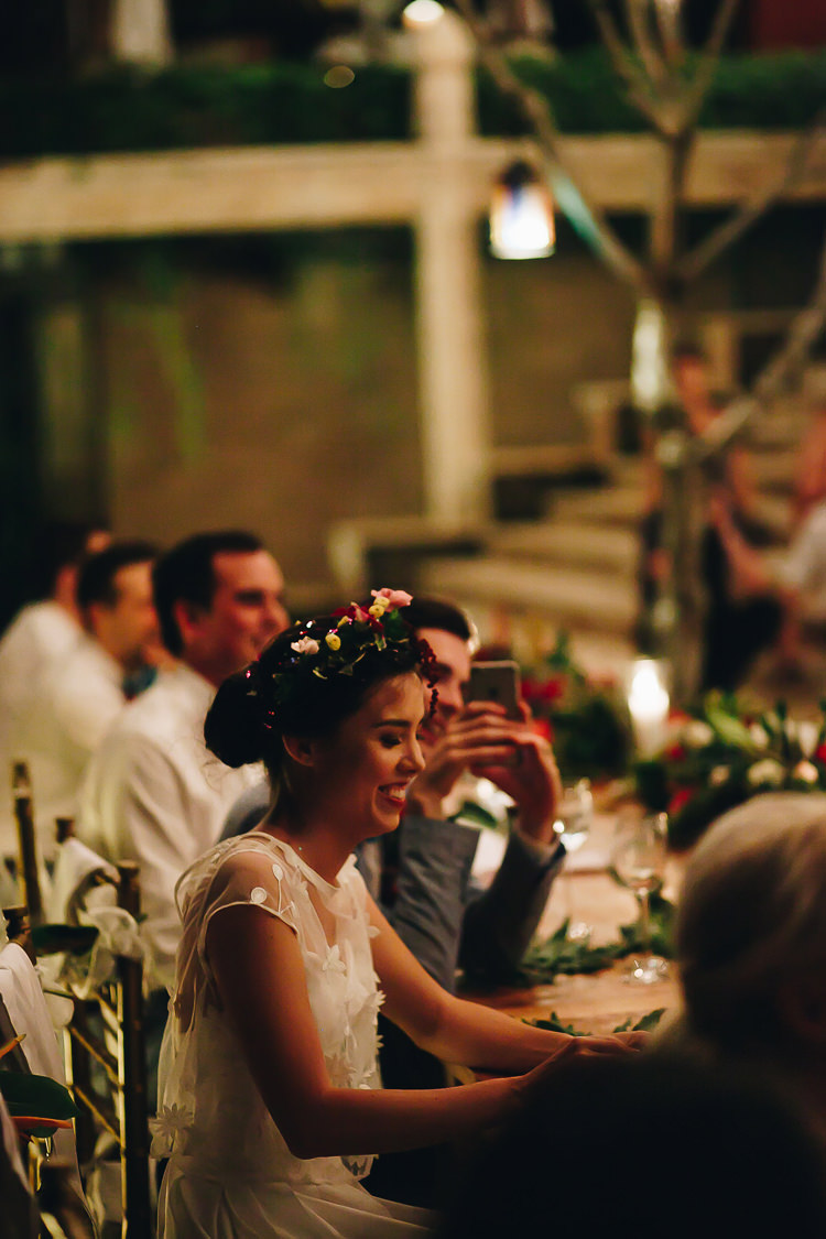 Outdoor Destination Luxury Adventure Ubud Colorful Tropical Flower Crown Bride Groom Dinner | Whimsical Exotic Tropical Jungle Wedding Bali http://www.cecilephotographybali.com/